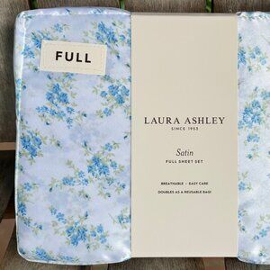 Laura Ashley Satin Sheet Set Pale Blue Silky Floral FULL SIZE Sheet Set